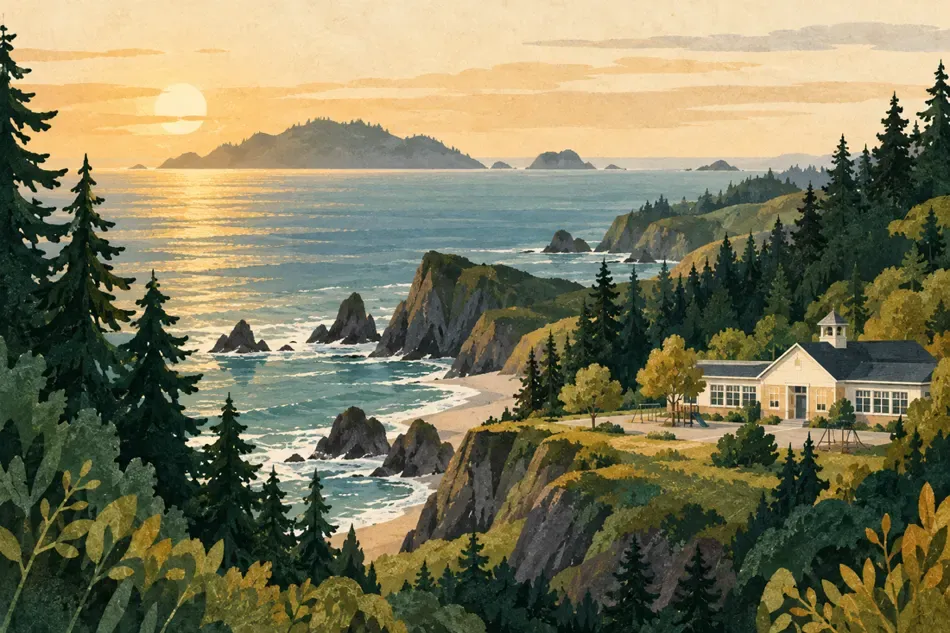 Pacific landscape with a school, trees and warm sunlight.