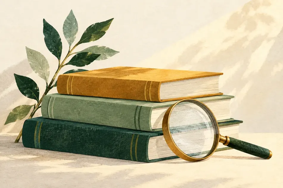 Books and a magnifying glass for checking original sources.