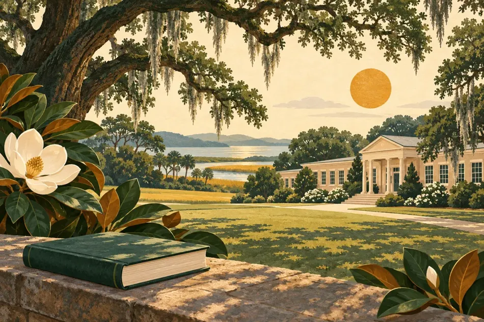 Southeast landscape with a school, trees and warm sunlight.